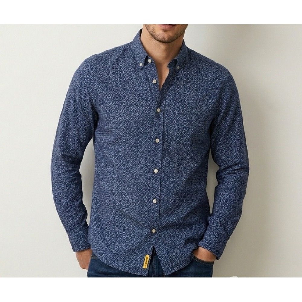 BD Baggies Dexter Mens Navy Blue Linen Cotton Geometric Button Down Shirt S New